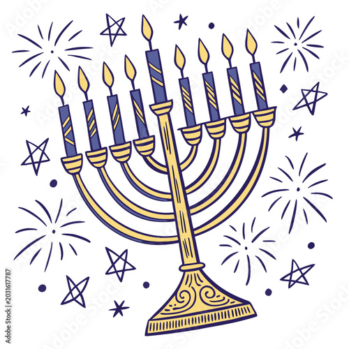 Bild auf Leinwand hand drawn hanukkah menorah with burning candles and festive star and firework d