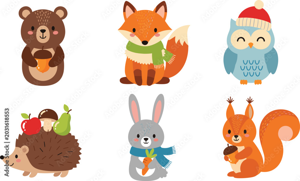 Fototapeta premium Cute Autumn Animals Vector Clipart Set with Bear Fox Owl Hedgehog Rabbit and Squirrel for Seasonal Thanksgiving and Woodland Nursery Graphic Designs