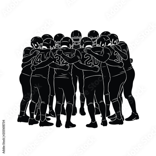 American football team huddle players with arms around each other planning strategy.
