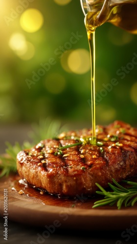 Olive Oil Cascading Over Grilled Steak With Fresh Herbs Background