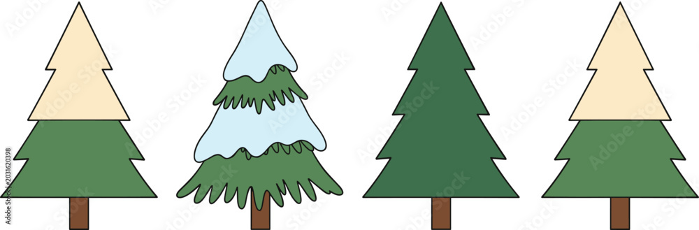 Fototapeta premium Minimalist Christmas Pine Trees Vector Clipart Set with Snow Covered Fir and Seasonal Evergreen Foliage Elements for Winter Holiday Designs