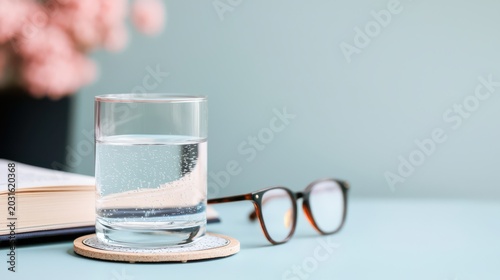 Glass of Water on Coaster Beside Open Book and Reading Glasses