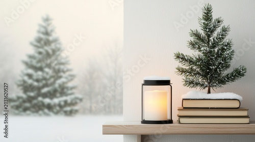 Simple Holiday Scene with Pine Tree, Candle, and Books on Shelf