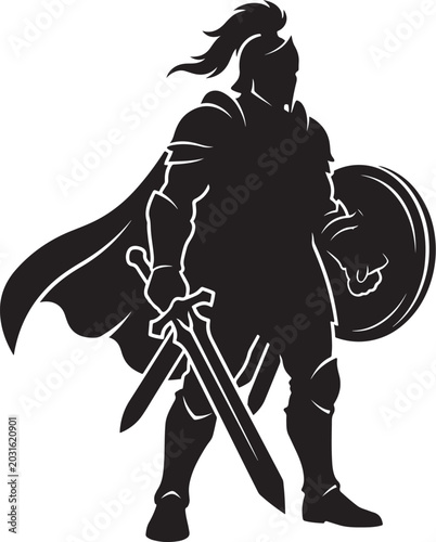 Фотография Spartan warrior silhouette in historical armor with sword and shield ready for battle standing in heroic pose vector illustration for design