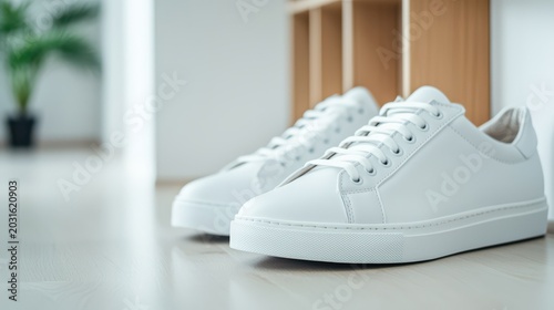 Neatly Aligned Sneakers on Rack in Bright Hallway Interior