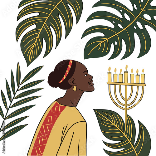 Quadro em tela kwanzaa vector illustration with woman in traditional clothing and kinara candle