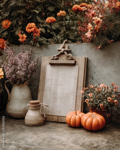 Rustic Wooden Board Surrounded by Flowers and Pumpkins for Halloween