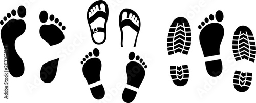 Foto Set of black silhouette footprints showing various footwear and barefoot styles