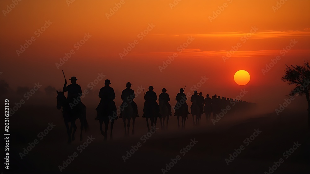 Fototapeta premium Silhouettes of riders on horseback on a dusty road at sunset.