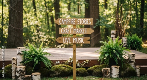 Rustic wooden directional event sign in a forest setting