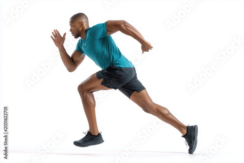 A man running in profile, in an action pose, isolated on a white background.
