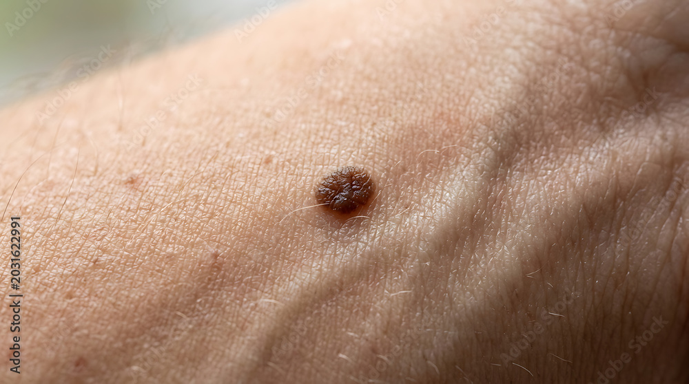 Fototapeta premium Close-up view of a human skin mole on an arm, highlighting the need for dermatological check-ups and health awareness