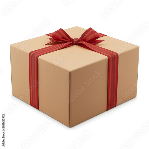 A beautifully wrapped gift box with a red ribbon on a white background