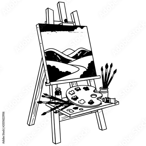 Art easel with painting and supplies, creative studio line as transparent object