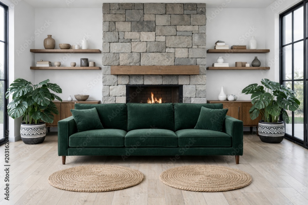 Fototapeta premium Modern livingroom interior with green sofa and stone fireplace. Ai generative