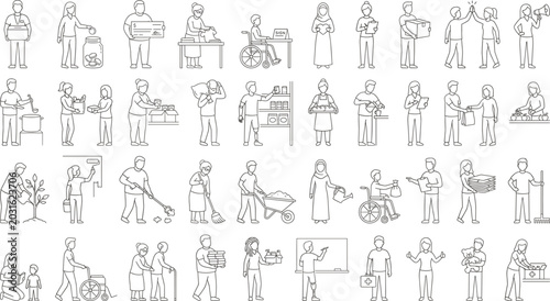 Photos People Performing Charity Work Helping and Volunteering Line Icon Set