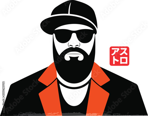Stylized portrait of bearded man wearing baseball cap sunglasses and orange blazer with japanese stamp graphic on textured background.
