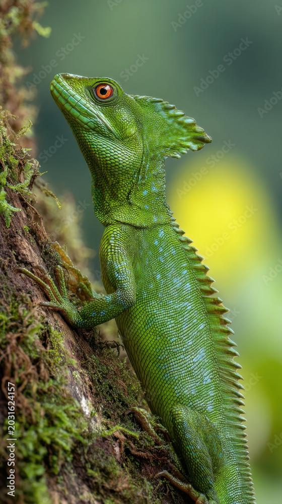 Fototapeta premium Vibrant green plumed basilisk lizard perched on a mossy tree trunk close up view of an exotic tropical reptile with bright orange eyes and a crested head in a lush rainforest habitat background