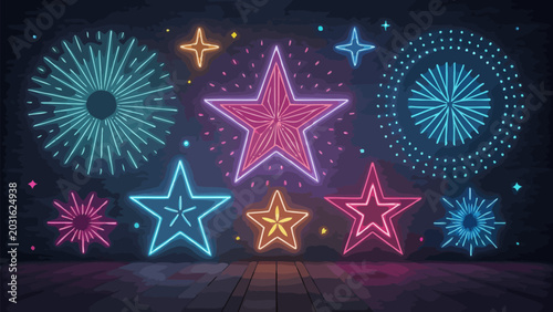 Vibrant neon stars and fireworks on a dark background with colorful sparks and a futuristic feel