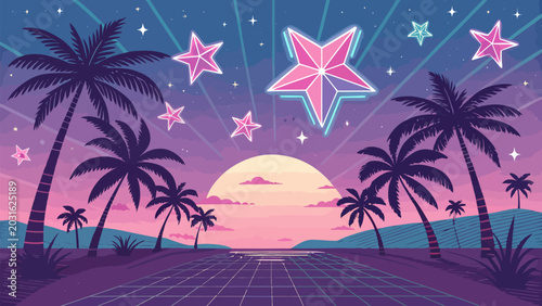 Vibrant tropical sunset scene with palm trees, neon stars, and a grid road leading to the horizon under a pink and purple sky