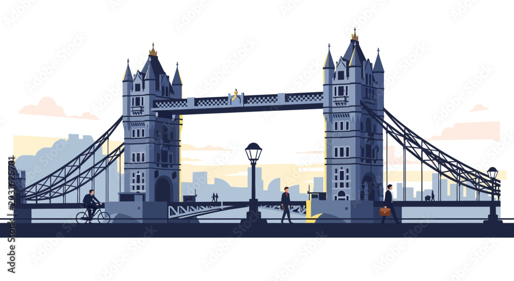 Obraz premium London Tower Bridge Illustration - Cityscape and Pedestrians