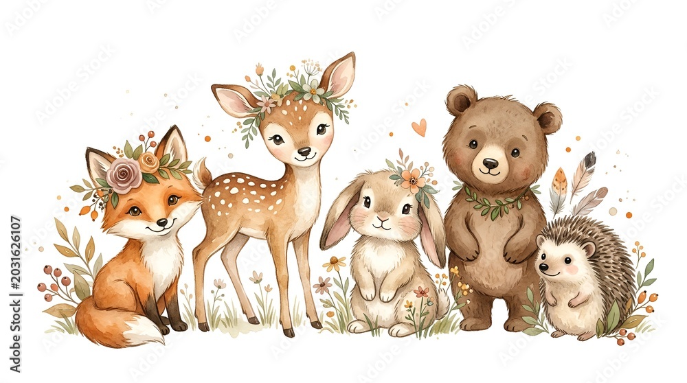 Naklejka premium Cute Woodland Animals Watercolor Illustration: Fox, Deer, Bunny, Bear, Hedgehog