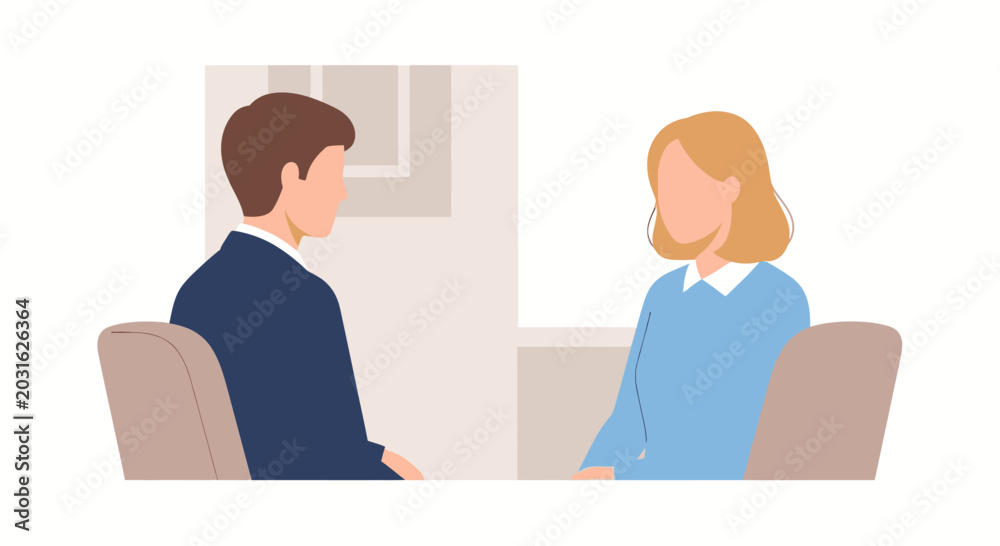 Obraz premium Two people sitting in chairs, having a conversation in an office or therapy setting.