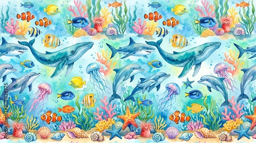 Seamless Underwater Scene with Whales, Dolphins, Sharks, and Coral Reef