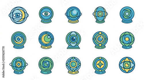 Quadro su tela Collection of mystical crystal balls with eyes and celestial symbols