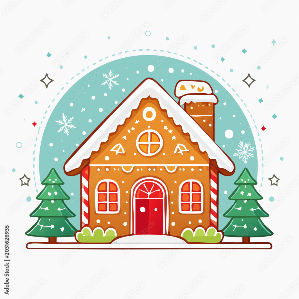 Fototapeta premium Gingerbread House with Christmas Trees and Snowflakes