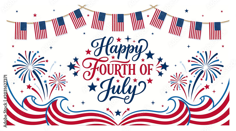 Obraz premium Happy Fourth of July lettering with fireworks and American flags against a festive celebration