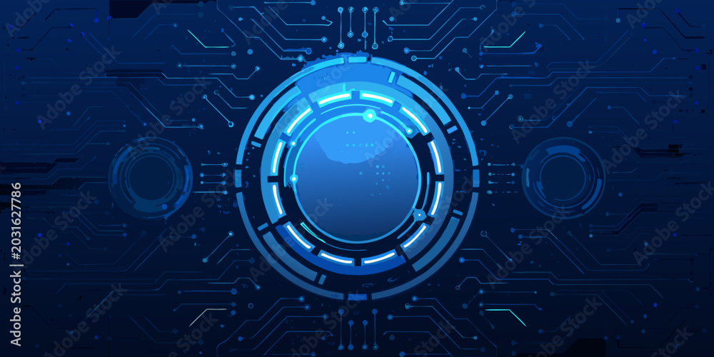 Fototapeta premium glowing blue circular circuit pattern with technology lines and digital network background