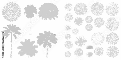 Konstfotografi Collection of grayscale tree silhouettes and canopy shapes on a white background