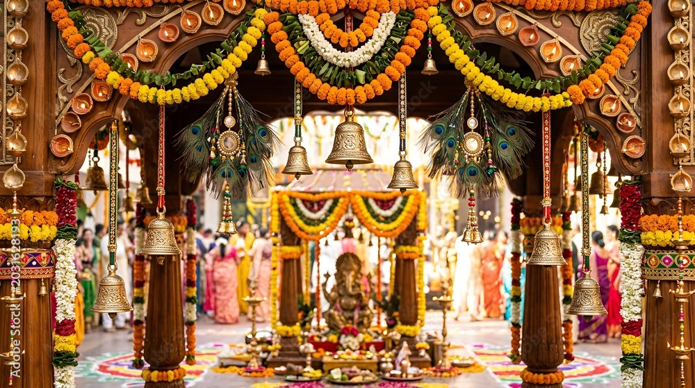 Fototapeta premium Ganesh Festival Celebration: Decorated Altar with Idol and Bells