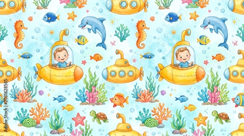 Cute Cartoon Underwater Scene with Submarine, Dolphin, Seahorse, Fish, and Turtle