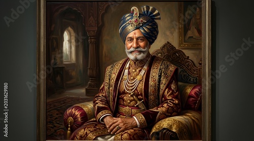 Royal Indian King Portrait, Maharaja Seated, Opulent Attire, Regal Throne, Historical Figure
