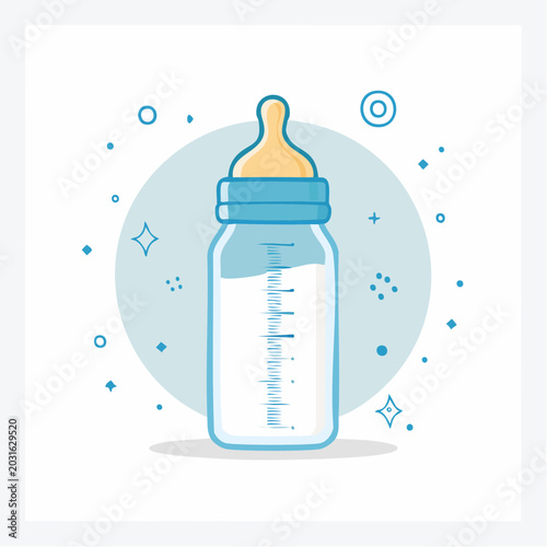 Baby bottle with milk and blue cap, illustration