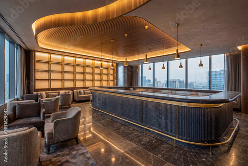 Bright restaurant and lounge interior with refined seating and warm architectural lighting