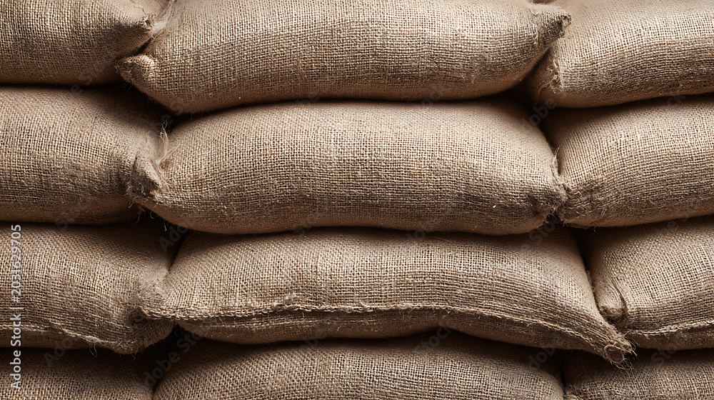 Fototapeta premium Close up view of stacked burlap sacks, a textured background or pattern showcasing natural fibers and rugged storage for various commodities