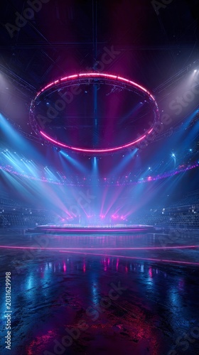 Empty indoor arena with a circular neon stage lighting rig, dramatic blue and pink spotlights illuminating a dark stadium floor.