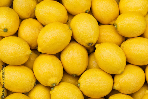 Fresh Yellow Lemons Full Frame Background Top View Citrus Fruit Texture