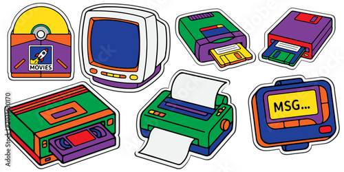 Konstfotografi 1990s and 2000s nostalgia tech cartoon bold colorful sticker icon set with CRT m