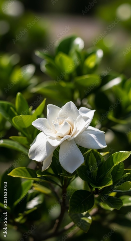 Fototapeta premium Elegant Gardenia Blossom Amidst Lush Green Foliage in Natural Light.