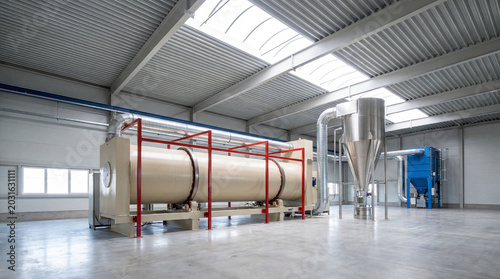 Clean industrial factory interior featuring a large rotary dryer, cyclone separator, and advanced production machinery