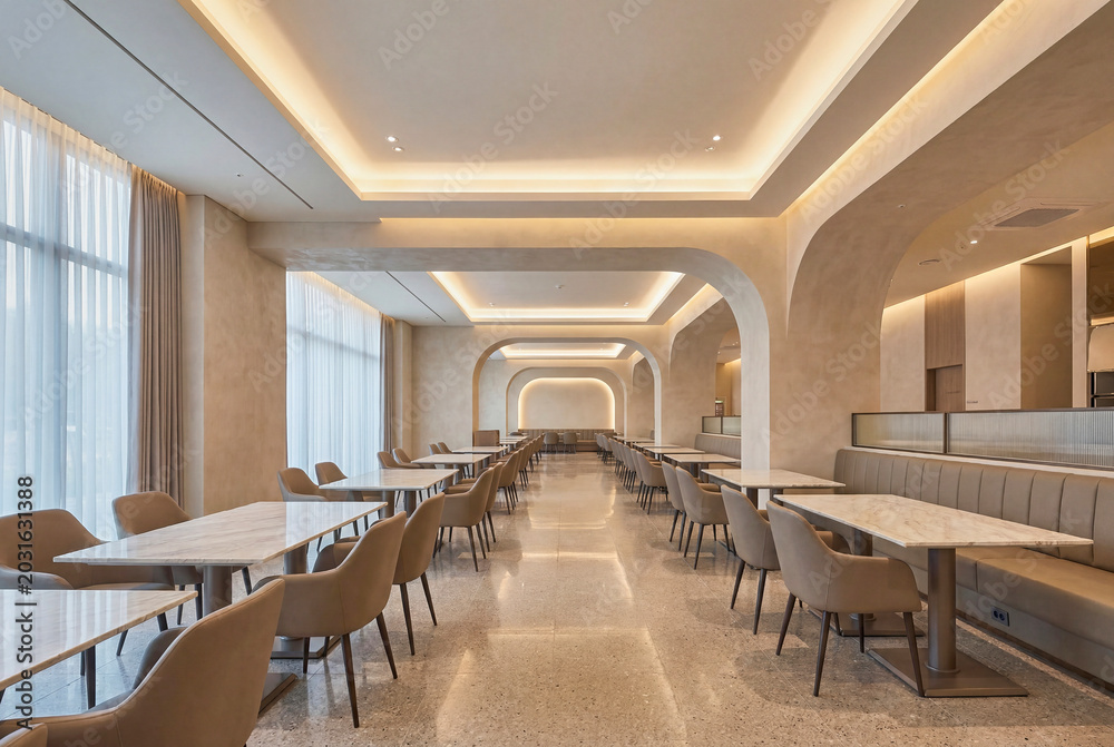 Fototapeta premium Contemporary restaurant and lounge interior with refined seating and warm architectural lighting