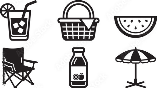 Canvastavla Summer picnic and outdoor recreation black vector icons set.