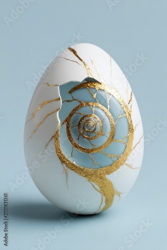 A cracked white egg revealing a smooth blue interior with a golden spiral pattern, elegant minimalist concept of repair and transformation.