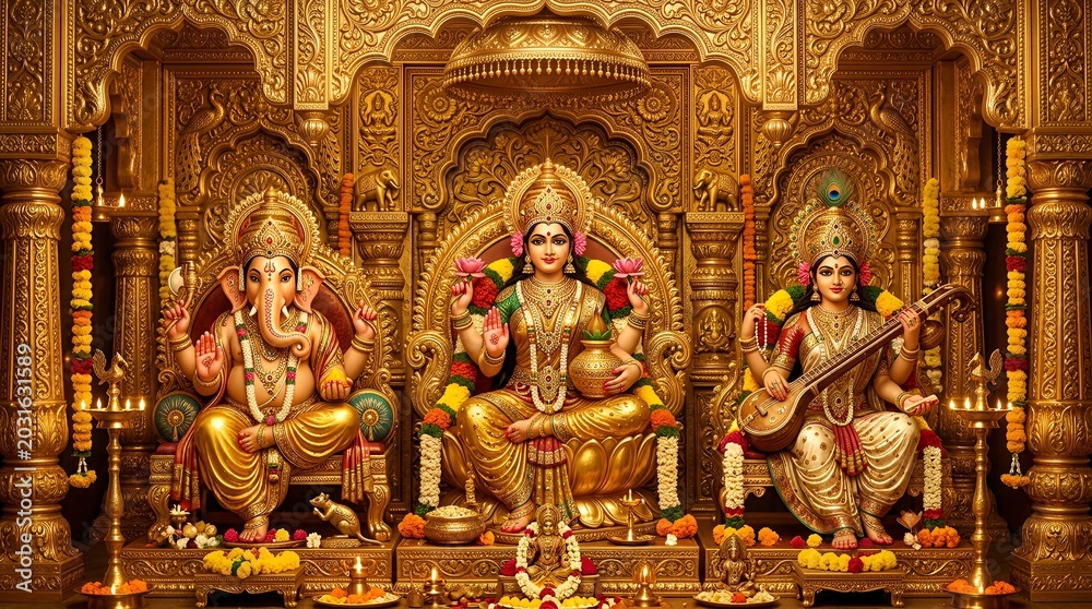 Fototapeta premium Hindu Goddesses Lakshmi, Saraswati, and Ganesha in Golden Temple