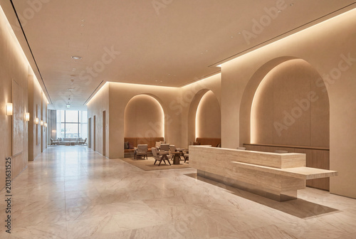Spacious restaurant and lounge interior with refined seating and warm architectural lighting