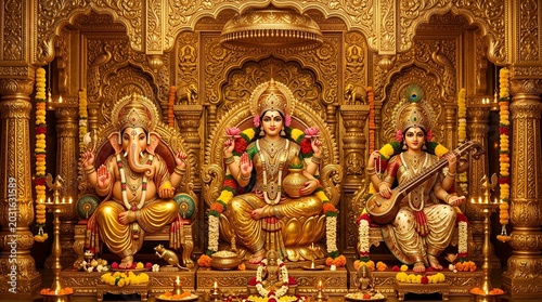 Hindu Goddesses Lakshmi, Saraswati, and Ganesha in Golden Temple